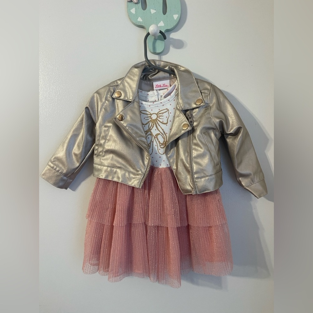 Little Lass Silver Jacket and Pink Polka Dot Dress